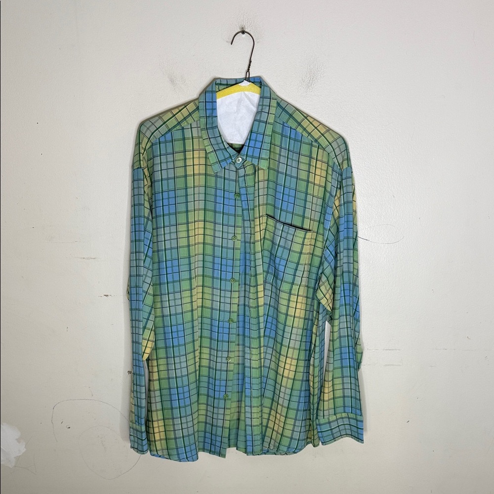Indigo Palms Plaid Green and Blue Men's Shirt Size XXL